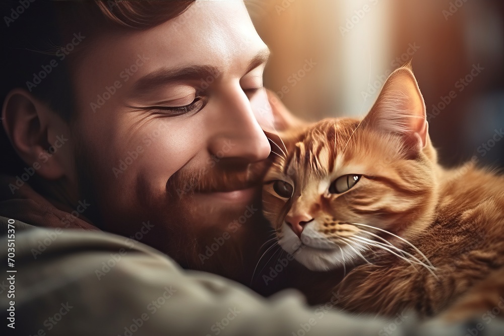 Home comfort and warmth. Young attractive bearded man hugs a domestic cat. Pet owner guy with the kitten is smiling and closed his eyes from enjoying the touch of warm wool and purring. Generative AI.