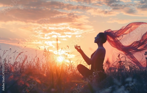 Serene Woman Meditating in Field at Sunset with Flowing Red Fabric