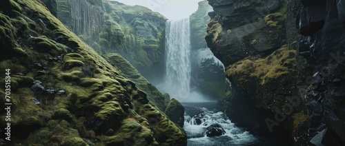 Spectator in a Cave Opening Observing a Grand Waterfall Amidst Green Moss