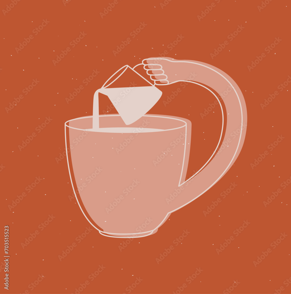 Cup pours milk into itself drawing in cartoon flat line style on mustard background