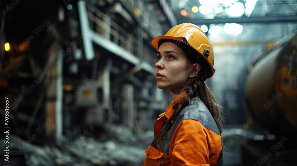 Resolute Female Engineer in Safety Gear at Industrial Site Resolute Female Engineer in Safety Gear at Industrial Site