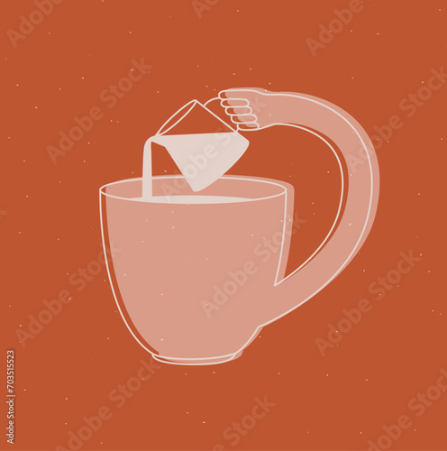Obraz na płótnie Cup pours milk into itself drawing in cartoon flat line style on mustard background w salonie