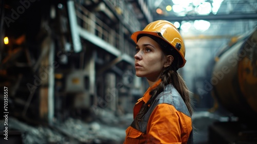 Resolute Female Engineer in Safety Gear at Industrial Site