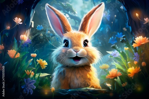 Cute surprised hare or rabbit in a fantasy forest with glowing flowers. Illustration for children's books