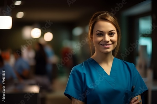 Woman doctor or nurse in a blue uniform close-up, portrait of smiling doctor