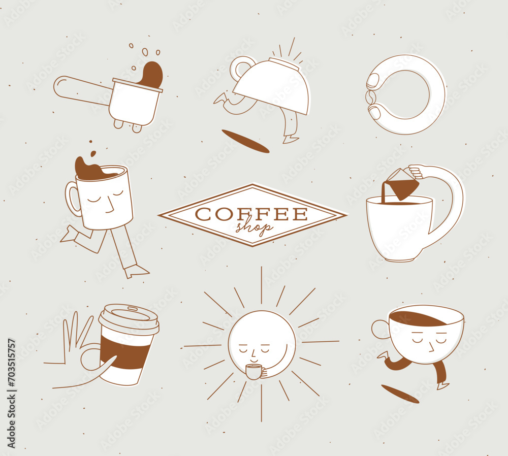 Coffee shop elements bottomless portafilter, running cup, coffee bean, sun, take away, milk jug drawing in cartoon flat line on beige background