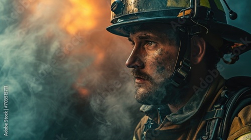 Close-Up of Firefighter's Face with Reflective Visor and Smoke photo
