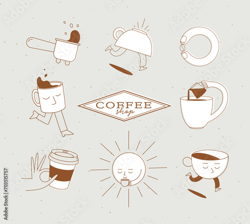 Coffee shop elements bottomless portafilter, running cup, coffee bean, sun, take away, milk jug drawing in cartoon flat line on beige background