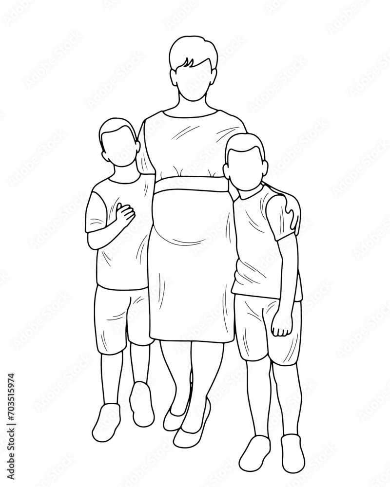 Sketch silhouette of a pregnant mother hugging her two sons, maternal feelings, isolated vector