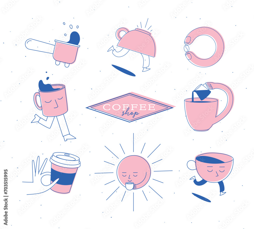Coffee shop elements bottomless portafilter, running cup, coffee bean, sun, take away, milk jug drawing in cartoon flat line on light background