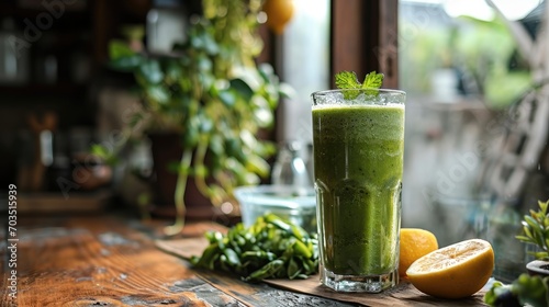 Diet and detox green smoothie in glass for morning breakfast or snack on wooden table against greenery kitchen window. Generative AI.