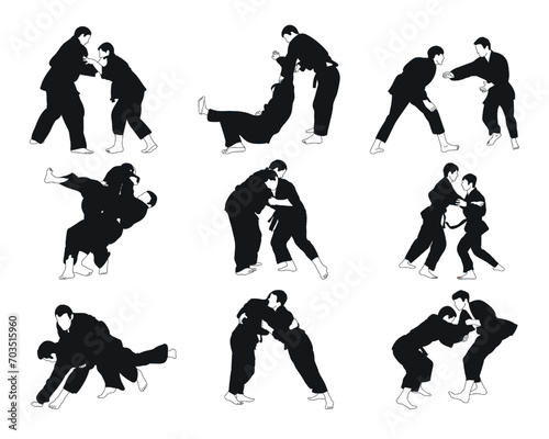 Collection of judoka silhouettes, isolated vector