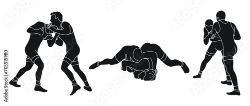 Line sketch of silhouettes athletes wrestler in wrestling, fighting. Greco Roman wrestling, fight, combating, struggle, grappling, duel, mixed martial art, sportsmanship