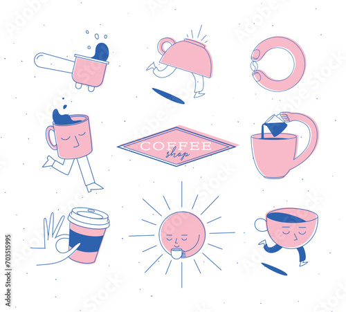 Obraz na płótnie Coffee shop elements bottomless portafilter, running cup, coffee bean, sun, take away, milk jug drawing in cartoon flat line on light background w salonie