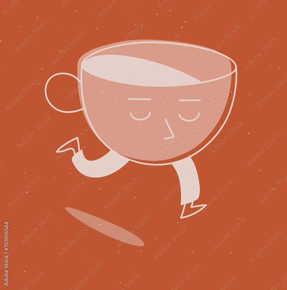 Running sleepy cup of coffee drawing in cartoon flat line style on mustard background