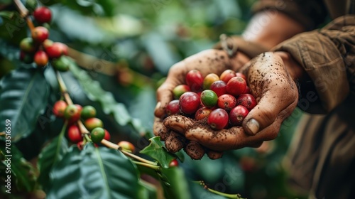 Close up hands showing freshly picked coffee, In coffee plantation. Generative AI. photo