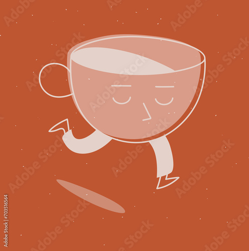 Obraz na płótnie Running sleepy cup of coffee drawing in cartoon flat line style on mustard background w salonie