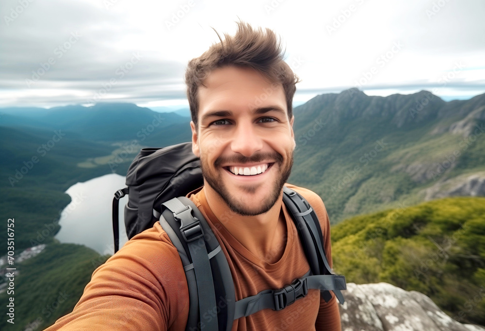 Young hiker man taking selfie pic on the top of mountain - Happy guy smiling at camera