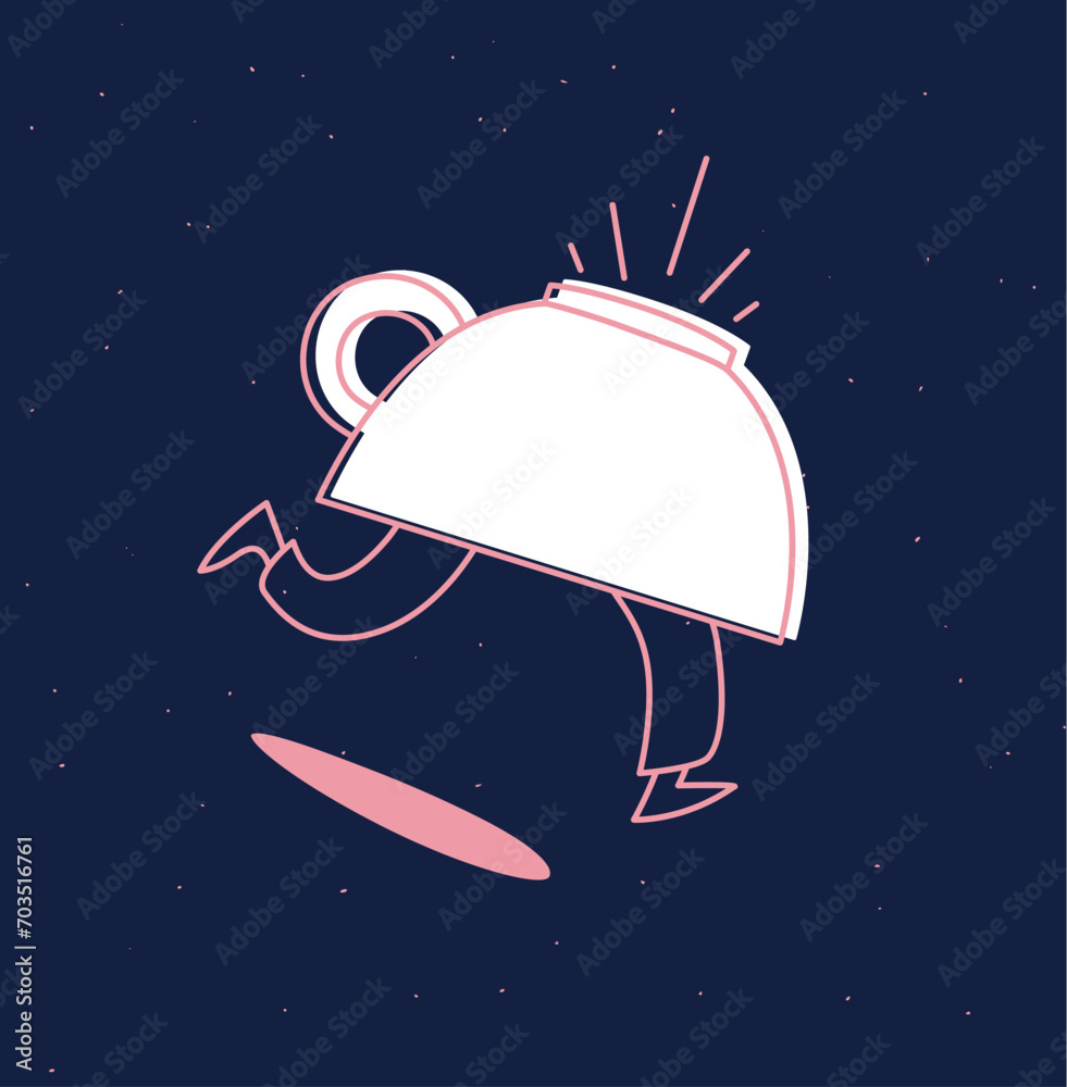 Running inverted cup of coffee drawing in cartoon flat line style on blue background