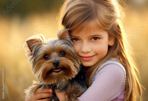 Smiling beautiful young girl holding a yorkshire terrier dog on soft blurred background outdoors