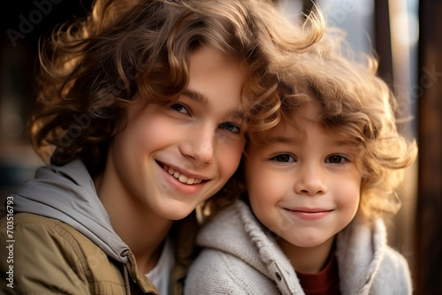 tender portrait of two brothers smiling at camera. Friendship and Brotherly love