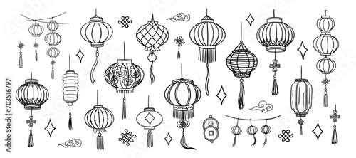Big set of Chinese lanterns in all sorts of shapes and sizes in doodle style. Lantern Festival. Chinese New Year Decoration. Great for greeting card, banner, poster. Hand drawn