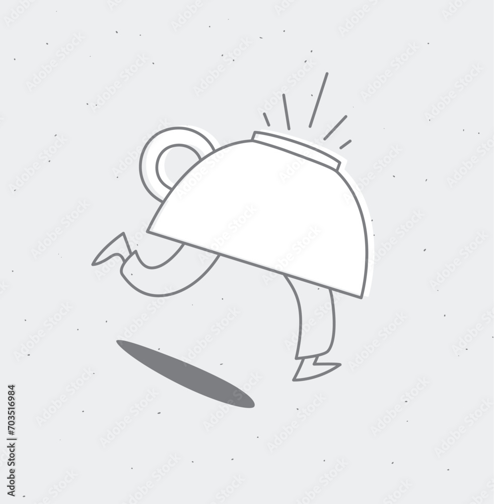 Running inverted cup of coffee drawing in cartoon flat line style on grey background