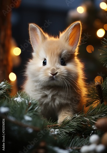 Bunny in front of christmas tree