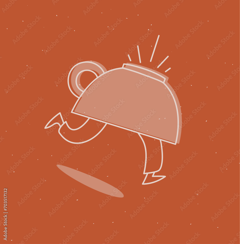 Running inverted cup of coffee drawing in cartoon flat line style on mustard background