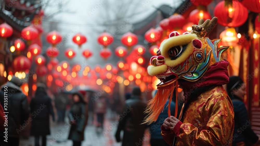 A vibrant street scene during the Year of the Dragon celebration with people of diverse backgrounds. Generative AI.