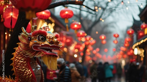 A vibrant street scene during the Year of the Dragon celebration with people of diverse backgrounds. Generative AI.