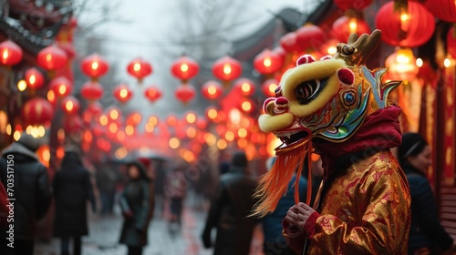 A vibrant street scene during the Year of the Dragon celebration with people of diverse backgrounds. Generative AI.