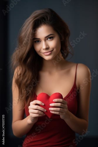 A lovely and sensual young woman, dressed in red, holds a heart symbol with tenderness.