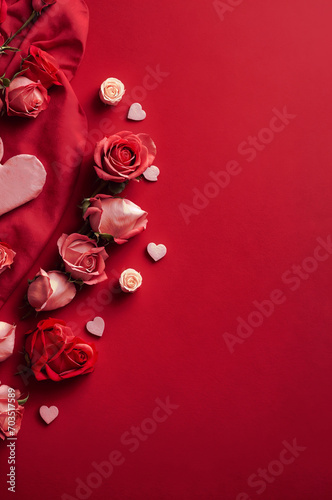 Red vertical background with roses, hearts, gifts. Post for valentine's day, women's day, mother's day, romantic card, invitation. Generative AI. ©  DigitalMerchant