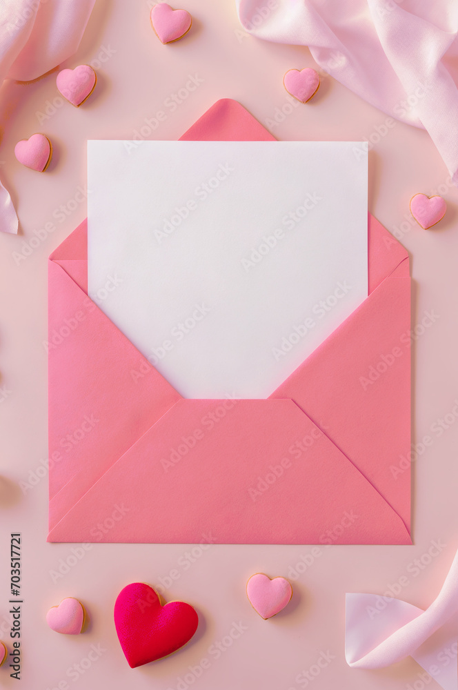 Valentine card with roses and hearts, pink empty letter, envelope with copy space, top down. Valentine's day, women's day poster, flyer, invitation. Generative AI.