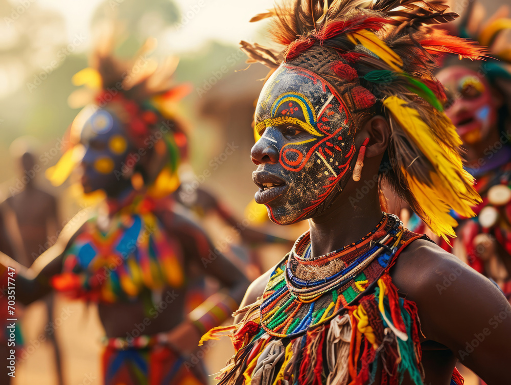 Native tribal indigenous African people dancing in masks and costumes with painted faces