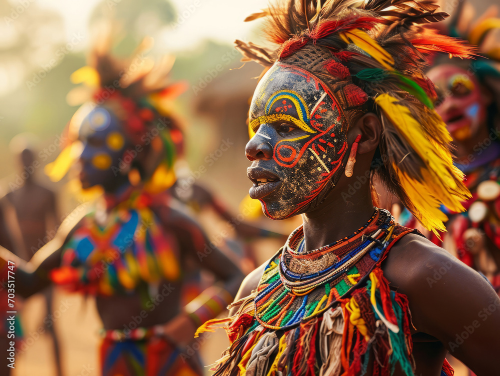 Native tribal indigenous African people dancing in masks and costumes with painted faces Native tribal indigenous African people dancing in masks and costumes with painted faces