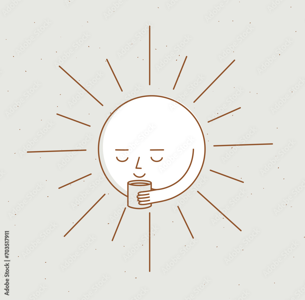 Morning sleeping sun holding cup of tea drawing in cartoon flat line style on beige background