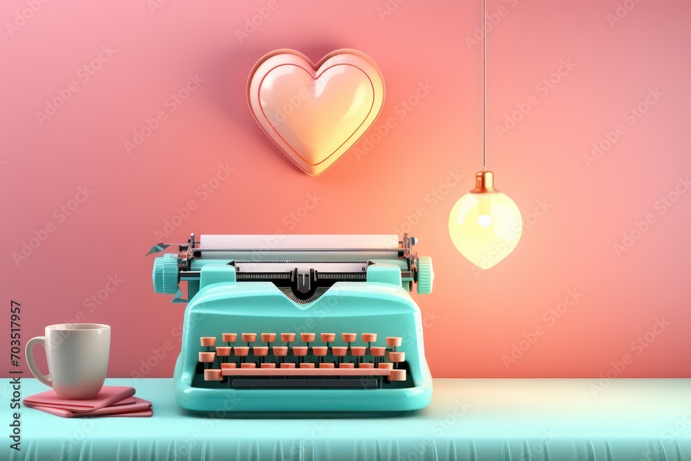 Cute typewriter on pink background. Generative AI - obrazy, fototapety, plakaty 