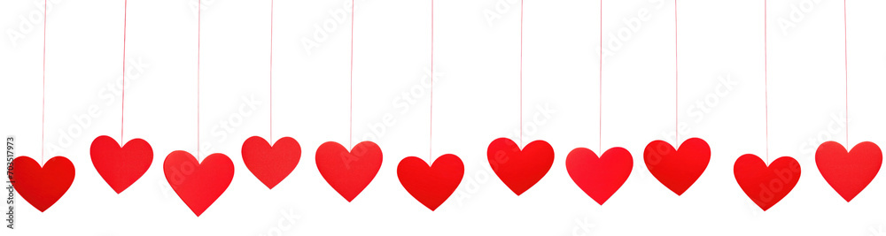Red paper hearts hanging with rope isolated on a transparent background. Decorative love concept for Valentines day or wedding. Red paper hearts hanging with rope isolated on a transparent background. Decorative love concept for Valentines day or wedding.