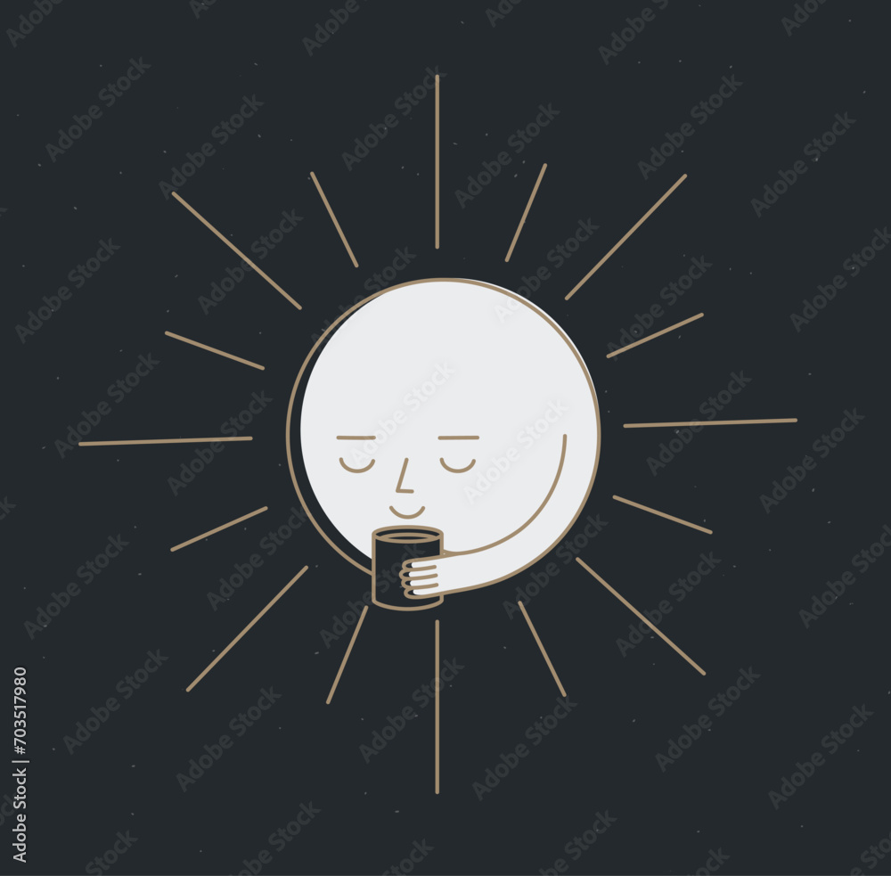 Morning sleeping sun holding cup of tea drawing in cartoon flat line style on black background