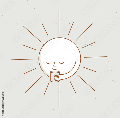 Obraz na płótnie Morning sleeping sun holding cup of tea drawing in cartoon flat line style on beige background w salonie