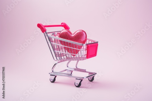 Shopping cart, trolley with hearts on pink background. Sales at Valentine's Day. Generative AI