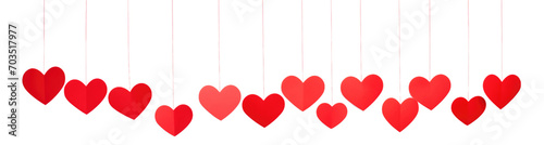 Red paper hearts hanging isolated on a transparent background. Valentine's day decoration.