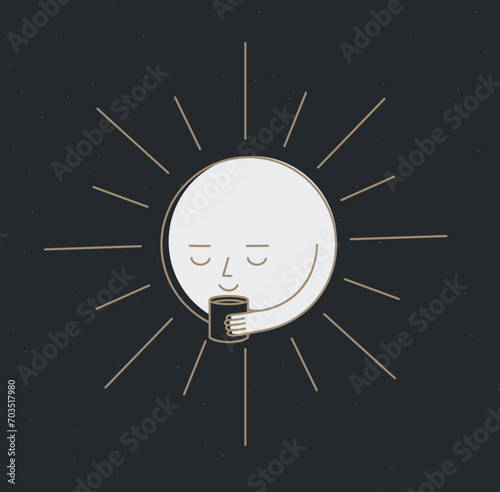 Obraz na płótnie Morning sleeping sun holding cup of tea drawing in cartoon flat line style on black background w salonie