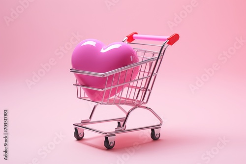 Shopping cart, trolley with hearts on pink background. Sales at Valentine's Day. Generative AI