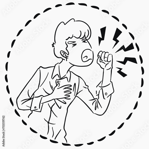The guy coughs with chest pain. A black and white picture of a sick man coughing heavily.
