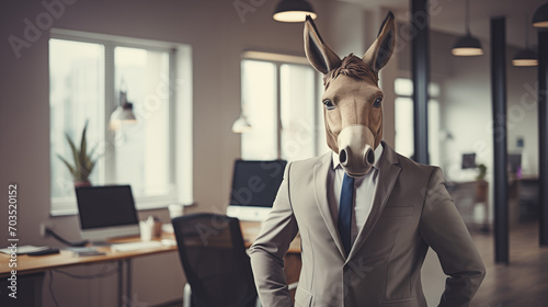 A person with donkey head wearing suit