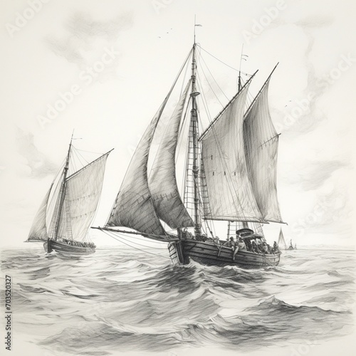 Pencil sketch deep sea sailing boats image Generative AI