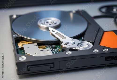 The abstract image of inside of hard disk drive on the technician's desk and a computer motherboard as a component. the concept of data, hardware, and information technology.